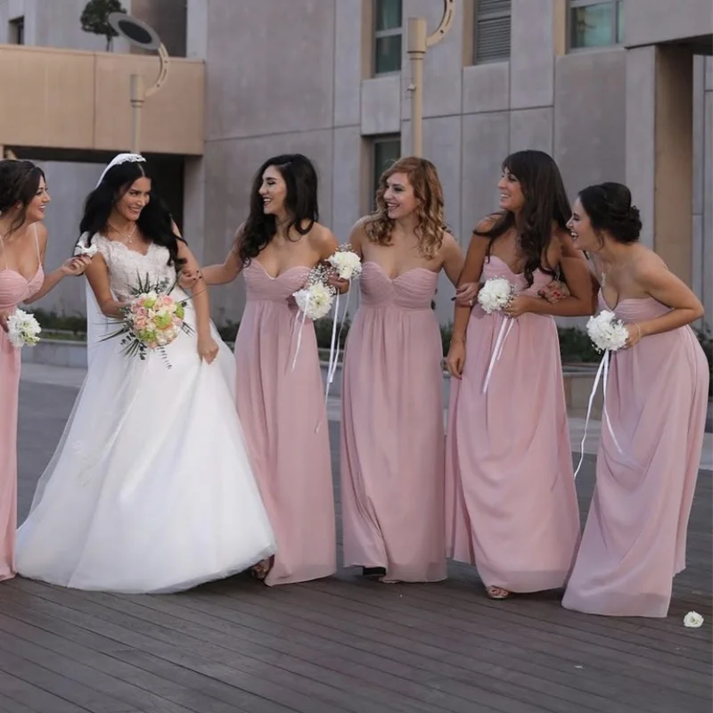 

Pink Bridesmaid Dress A-Line Sweetheart Pleat Sleeveless Backless Floor Length Simple Wedding Party Gowns Custom Made 2021