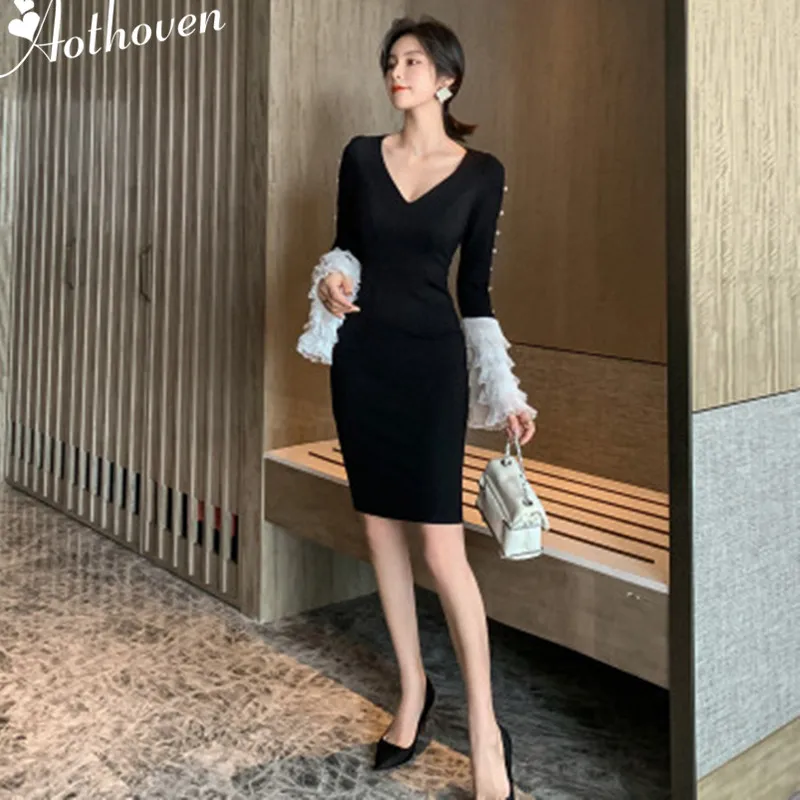 

Autumn Sexy Party Pencil Dress Women Ruffles Long Flare Sleeve V Neck Black Dress Women Bandage Bodycon Elegant Dresses Ladies