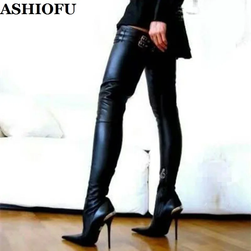 

ASHIOFU 2022 Handmade New Women Over Knee Boots Pointed-toe Sexy Club Thigh High Boots Striper Evening Fashion Winter Long Boots