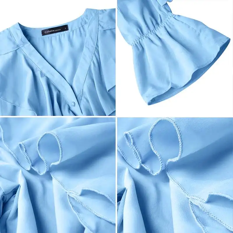 Women\'s Elegant Shirt Celmia Sexy V neck Long Sleeve Casual Ruffles Shirt Button Solid Street Blusas OL Party Tops