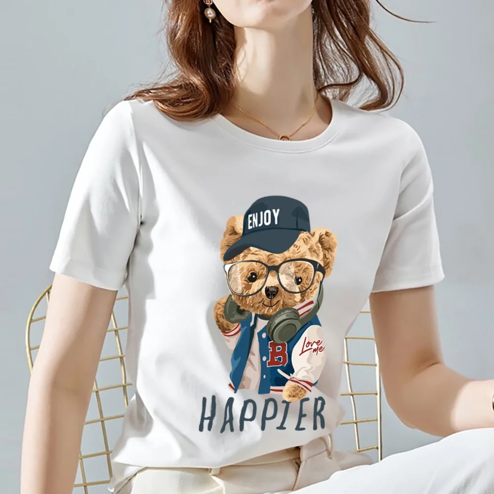 New Fashion Women's T-shirt Summer Cartoon Teddy Bear Print Pattern Series T-shirt White Trend Fashion Top Ladies Short Sleeves