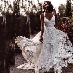 Sexy Boho Wedding Dresses Beach Lace Elegant Long Train Side Split Backless Spaghetti Straps Bridal Gowns Vestido Customized