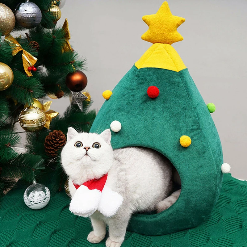 Merry Christmas Dog Cat Bed House Winter Warm Christmas Tree Dog Cat Home Soft Nest Pet Bed Cat Cave Tent Litter Box Pet Mat Pad