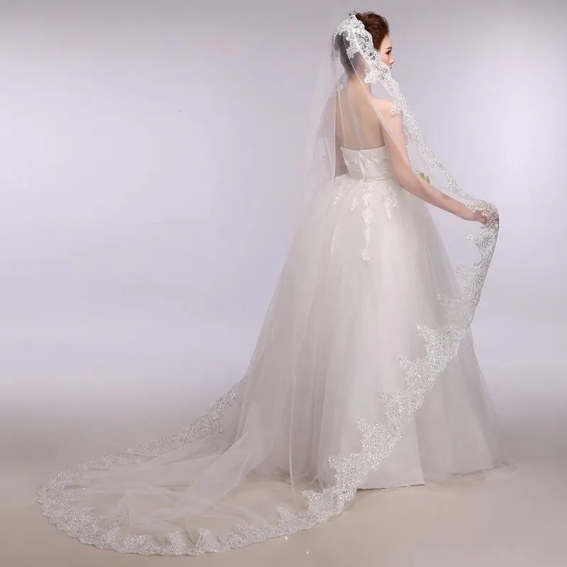 Commercio all'ingrosso bianco avorio veli da sposa bordo in pizzo da sposa Sluier velo da sposa Velos de novia largos accessori da sposa