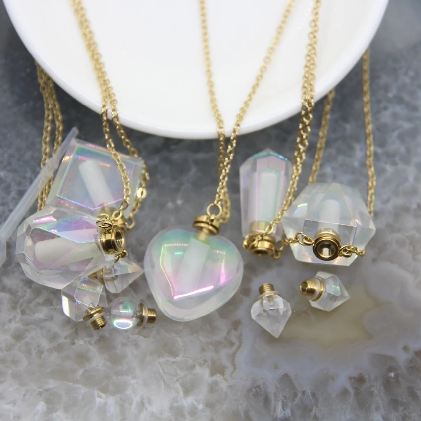 5 Shaped Gold Plated Chains Rainbow Aura Crystal Perfume Bottle Pendants Necklace,AB Quartz Essential Oil Diffuser Vial Charms