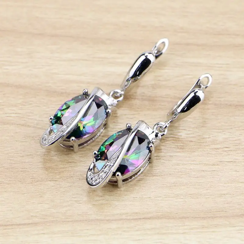 Natural Oval Mystic Rainbow Cubic Zirconia Dangle Earrings 925 Sterling Silver Jewelry Drop Earring For Women Free Gifts Box