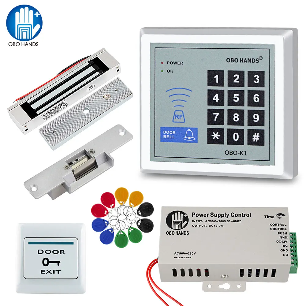 Full RFID Door Entry Access Control System Kit Set DC12V 1000 User 125KHz with Electric Magnetic Lock Strike Bolt Lock for Gate