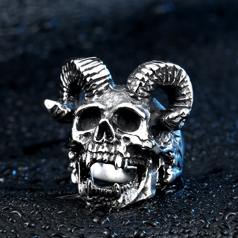 Vintage Gothic Punk Stainless Steel Ring Demon Satan Goat Skull Ring Prajna Mask Men Jewelry Accessories