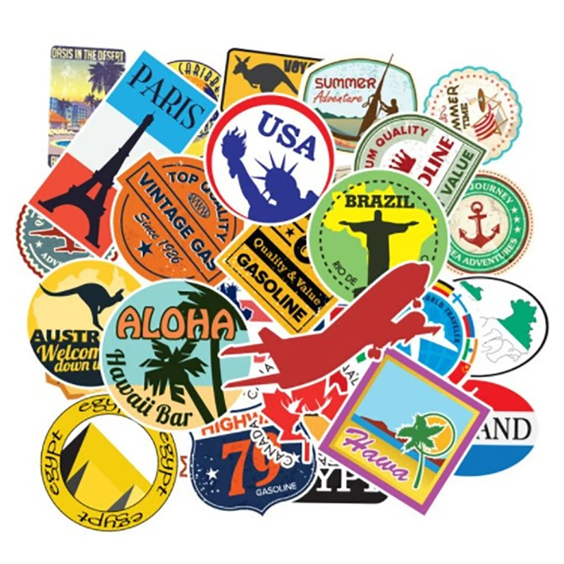 100 Pcs/set PVC Waterproof Travel Map Country Famous Logo Stickers Kids Toys Decor Suitcase Bicycle Car Guitar Skateboard