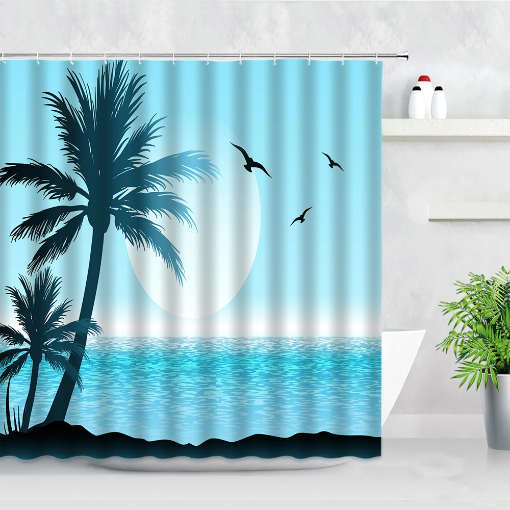 Waterproof Bathroom Shower Curtain Set Hand Painted Palm Tree Art Word Tropical Plant Printing Home Decor Curtains Bath Cloth