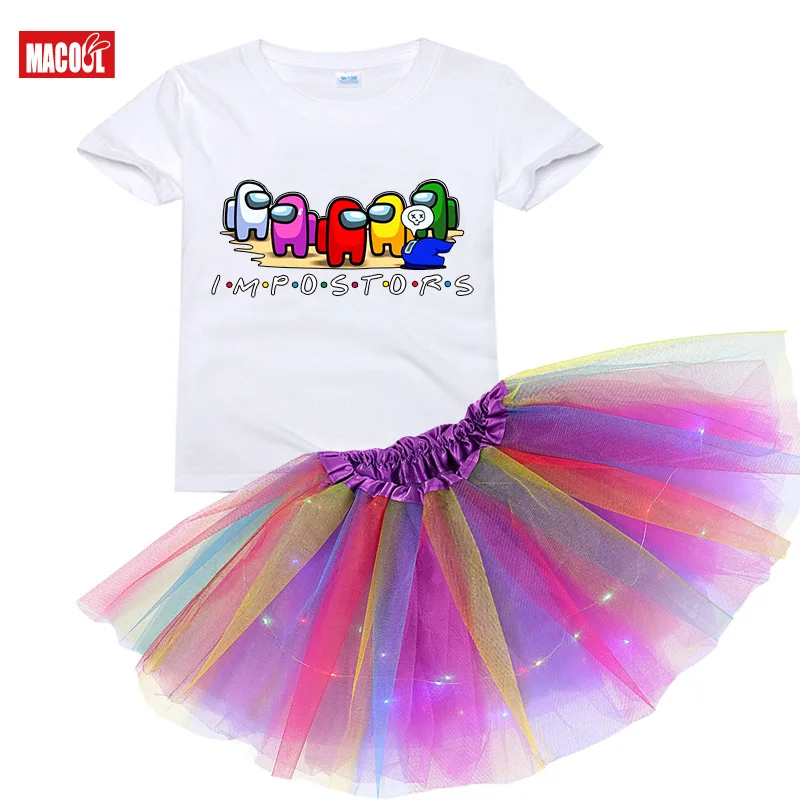 Kids Miniskirts + Cartoon Short Sleeve T Shirt Set Girls Princess Stars Glitter Dance Ballet Tutu Brand Sequin Party Dress Set