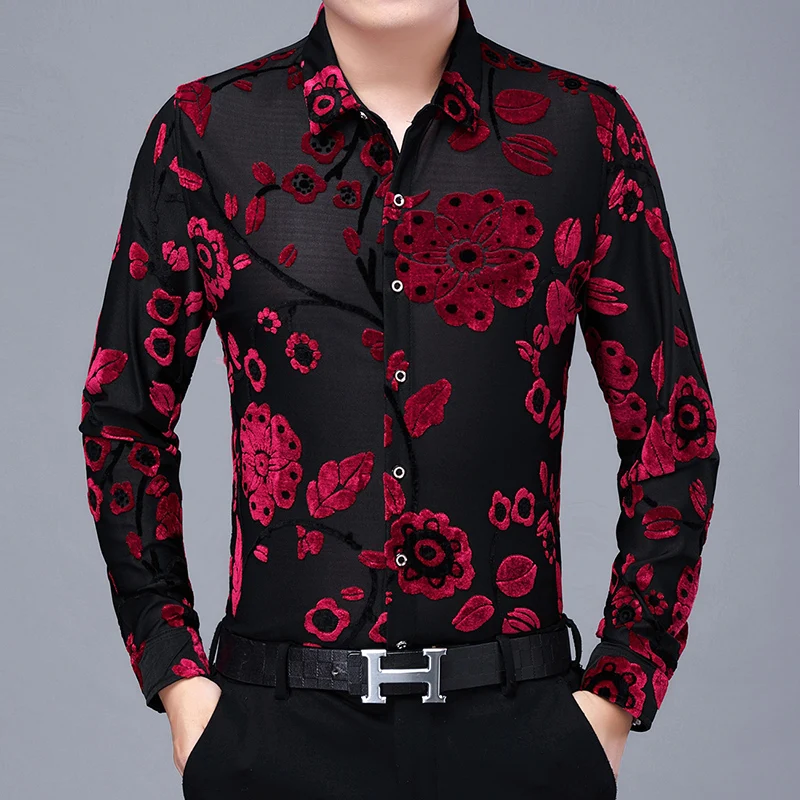 

New Arrival Men Silk Velvet Dresses Male Floral Clothes Sexy Hollow Flowers Transparent Shirts Long Sleeve See Through