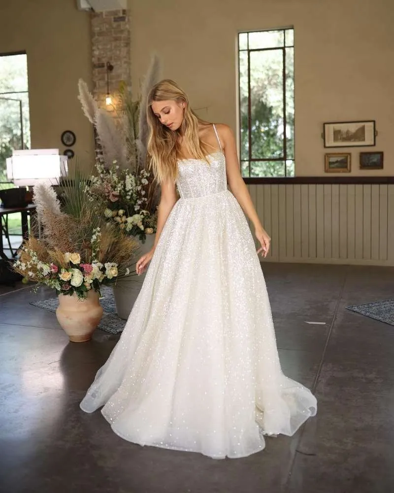 Lorie brilhante vestidos de casamento boho querida lantejoulas cinta de espaguete a linha princesa casamento vestido de noiva suknia slubna