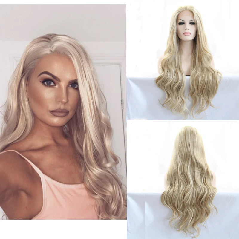 Long Synthetic Lace Front Wig Gold Ombre Blonde Curly Body Wave Wigs For Black Women Frontal Cosplay Drag Queen Everyday Hair