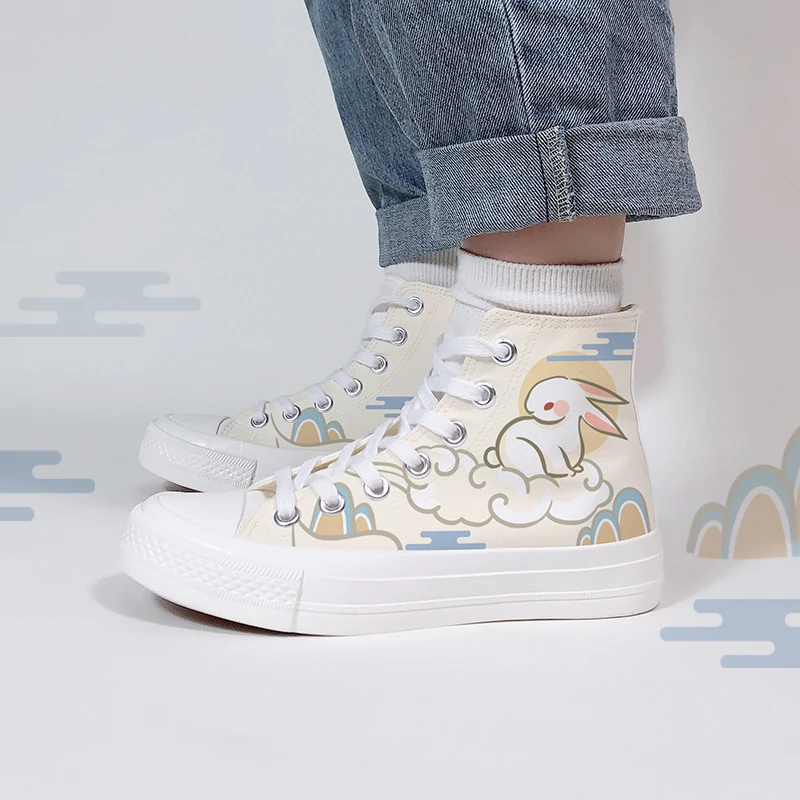 Amy and Michael 2012 Autumn Original Design High Top Hand Painted Lovely Bunny Canvas Shoes Girls Students Woman Vulcanize Shoes