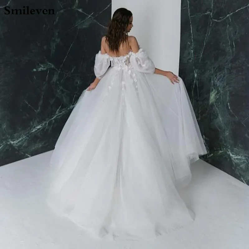 Smileven Princess Wedding Dress V Neck Ball Gown Puffy Tulle Bridal Dresses 2021 Off The Shoulder Wedding Gowns