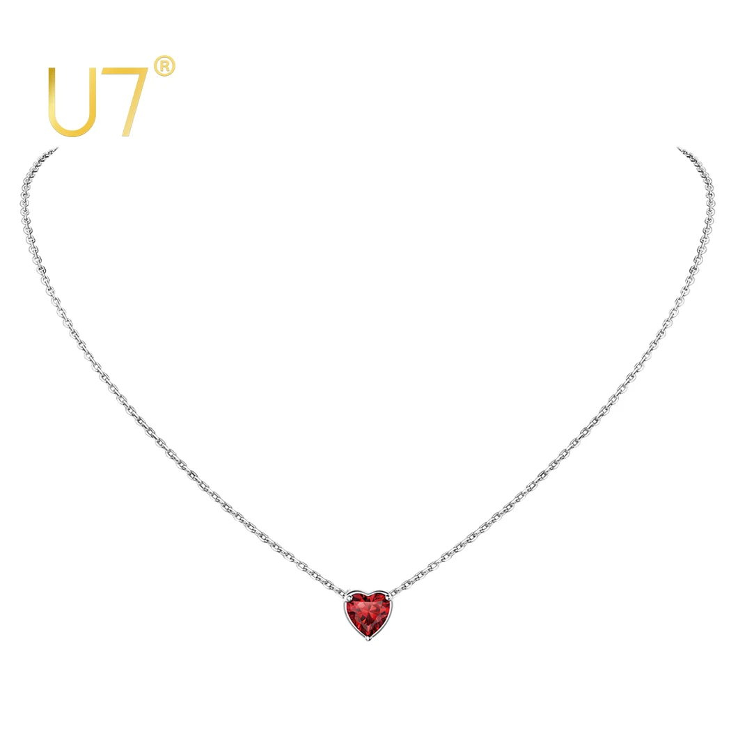 

U7 925 Sterling Silver Dainty Heart Birthstone Crystal Pendant Necklaces Romantic Gifts for Her Girlfriend Women Girls