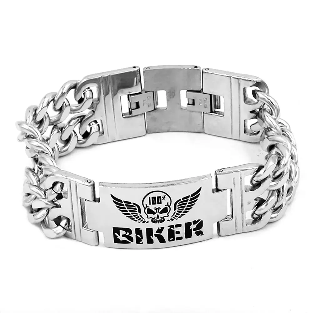 Wings Skull Biker Bracelet Stainless Steel Jewelry Punk Double Chain Charm Bracelet For Men Wholesale SJB0295