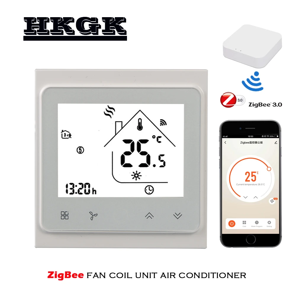 2pipe 4pipe ZigBee air conditioning thermostat programming, for heating and cooling, control with tuya APP Alexa Google home