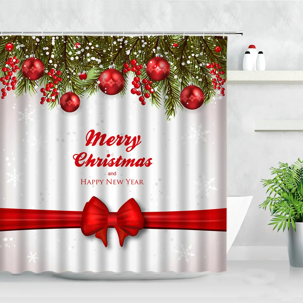 Merry Christmas Shower Curtains Red Ball Green Pine Branch New Year Xmas Party Decor Home Bathroom Cloth Bath Curtain With Hooks