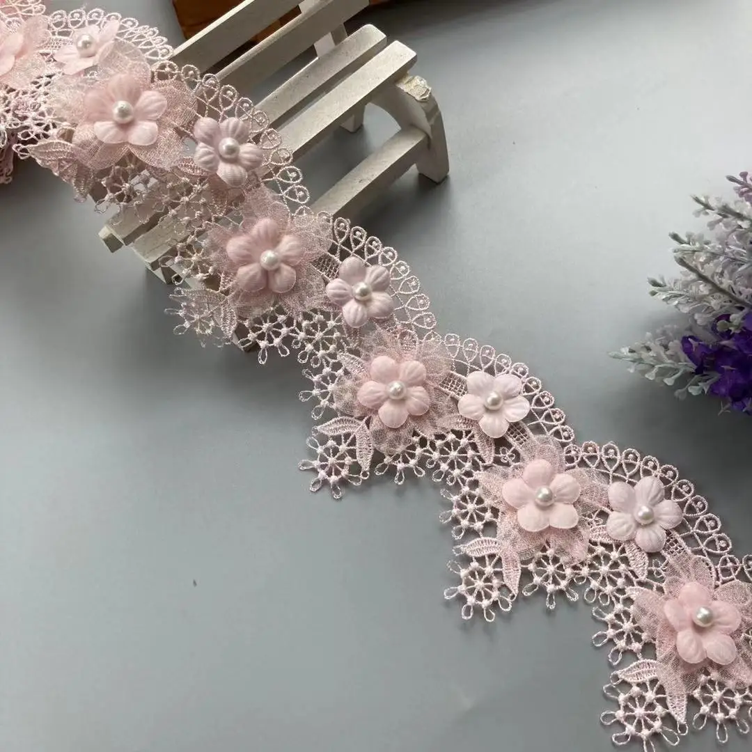 2 Yards Pink Grape Flowers Pearl Lace Trim Ribbon Embroidered Knitting Wedding Dress Handmade Patchwork Sewing Supplies Crafts