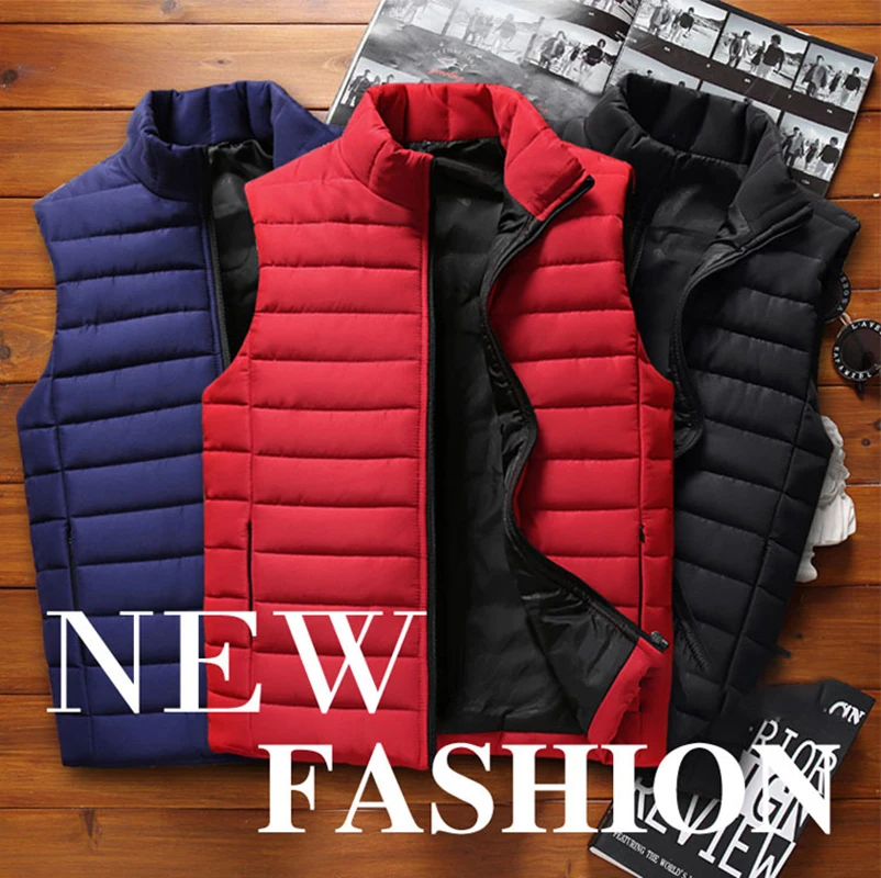 

Men's Jacket Sleeveless Autumn and Winter Down Cotton Vest Soild Color Stand-Up Collar Cardigan Korean Casual Men's Top