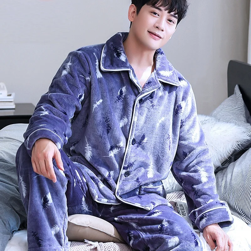 

H5901 Men Thick Flannel Pajamas Winter Coral Velvet Home Wear Suit Long Sleeve Autumn Turn Down Collar Casual Male Nightwear