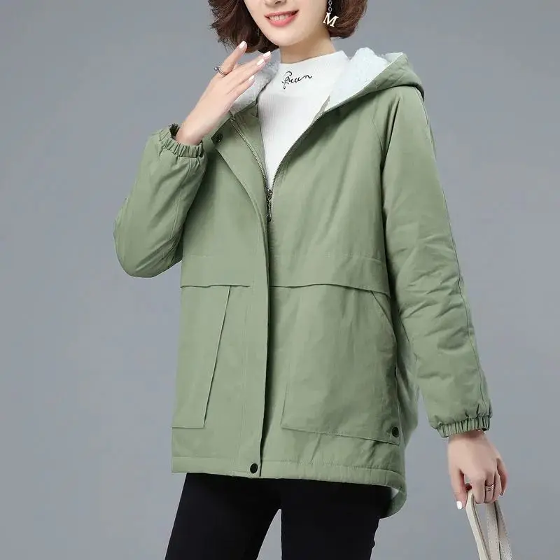 Add Velvet Casual Coat Women's Cotton Coat Parkas Winter Jacket Hooded Big Size Loose Keep Warm Overcoat Parka Korean Version