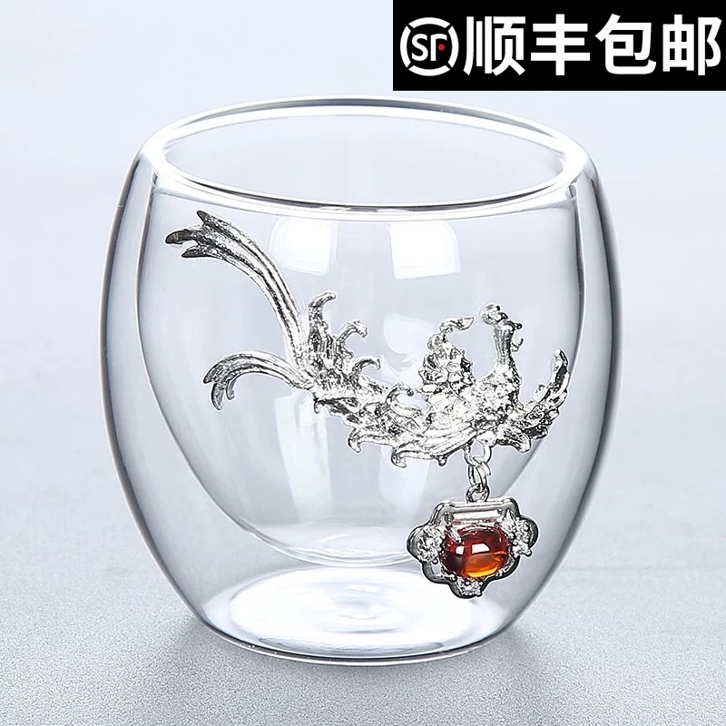 

Japanese personal special individual master kung fu tea glass with silver sample tea cup double small cups tea set