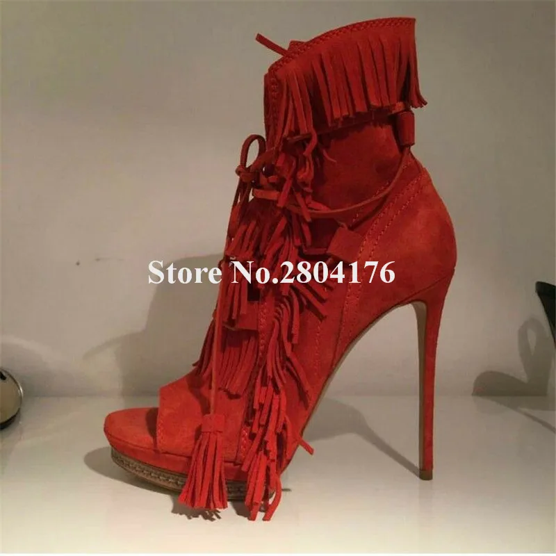 

Western Fashion Women Peep Toe Suede Leather Tassels Short Gladiator Boots Fringes Straps Cross High Heel Ankle Booties