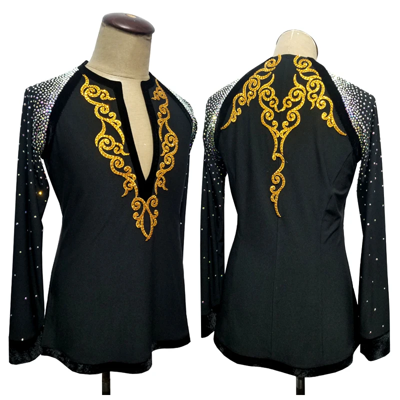 Latin Dance Competition Shirts Men Rhinestone Long Sleeve Tops Gold Printed Ballroom Cha Cha Performance Dance Costume DNV14716