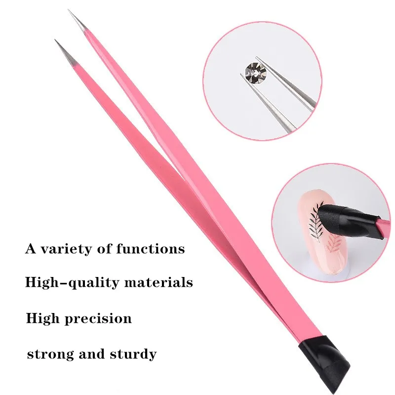 Pinzette per unghie per sopracciglia con testa di pressatura in silicone per adesivi 3D Strass Raccoglitore di adesivi per acqua Strumento per unghie in metallo T0541