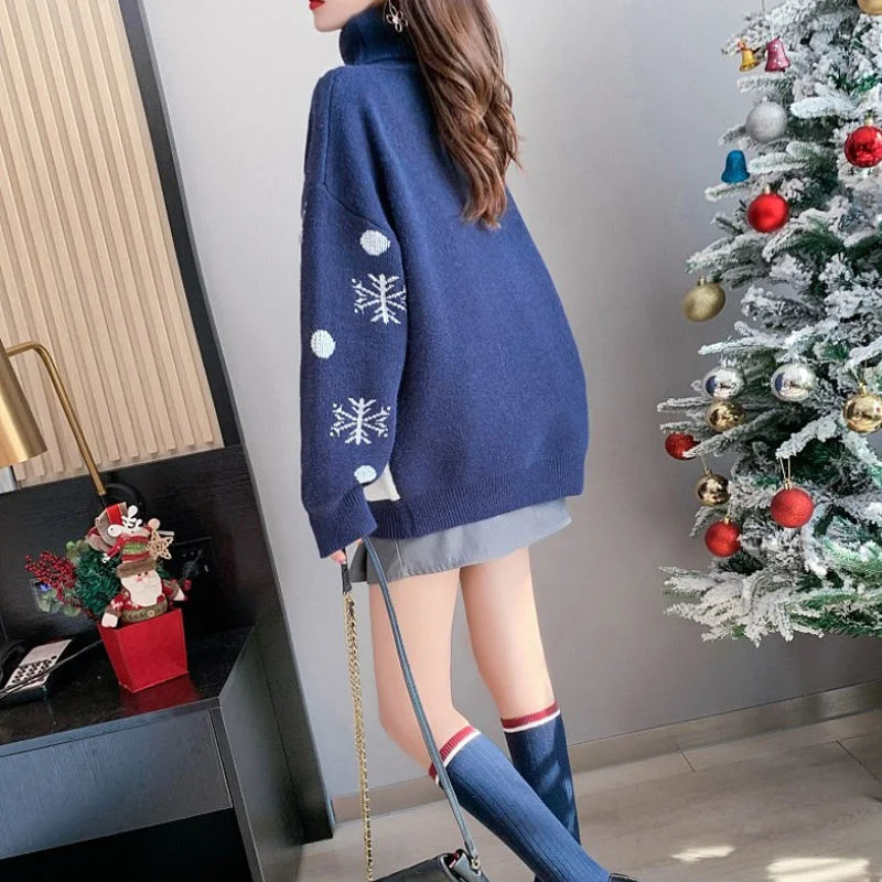 2022 New Year Christmas Clothing Women\'s Autumn Winter Turtleneck Sweater Fashion Red Plus Size Dresses T Shirt For Women Casual