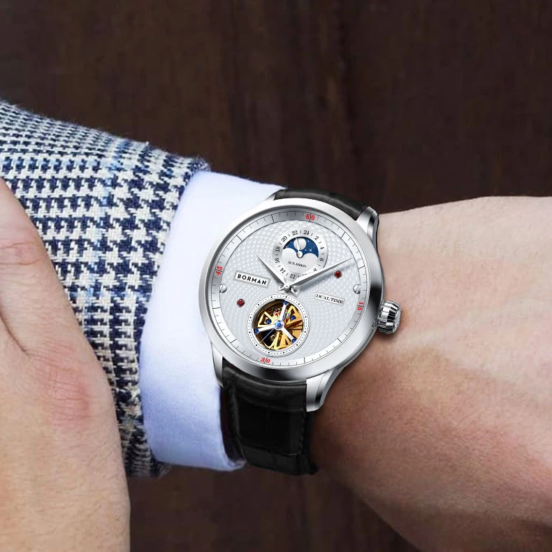 بورمان الرجال ساعة معصم رجالي ساعات أوتوماتيكية فاخرة الميكانيكية ساعة اليد 50 متر مقاوم للماء الهيكل العظمي الياقوت مرآة حزام من الجلد