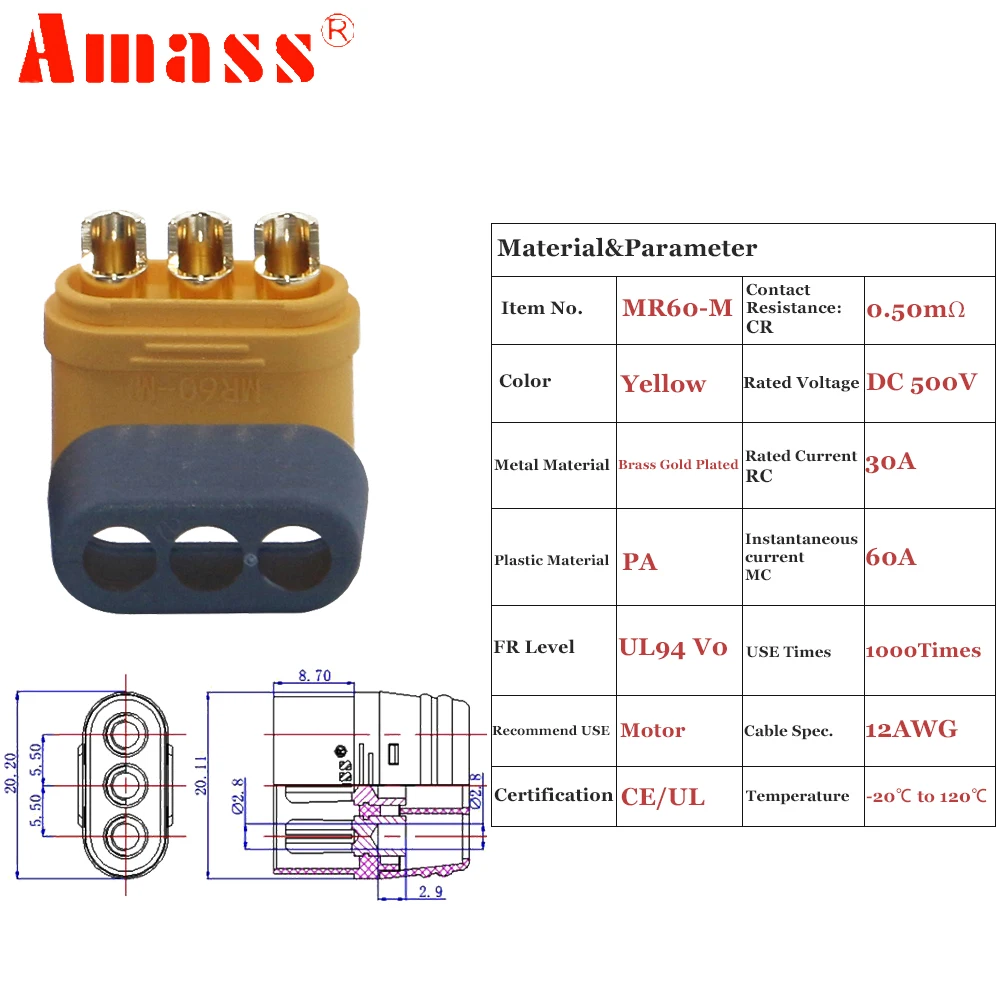 10 20 50 Amass MR60 MR 60 Fireproof Female Male Three-core Connector With Sheath 3.5mm Brass Gold Plated For Lipo ESC RC Model