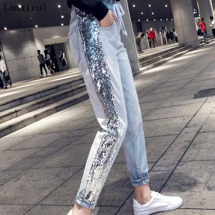 New Women High Waist Jeans Denim Striped Jeans For Female Jeans Pants Blue Patchwork Pants Skinny Jeans 2136