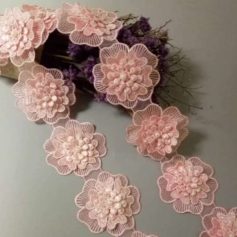 12X Vintage Rosa poliéster perla flor bordado encaje cinta tela hecha a mano DIY ropa vestido de boda artesanía de costura