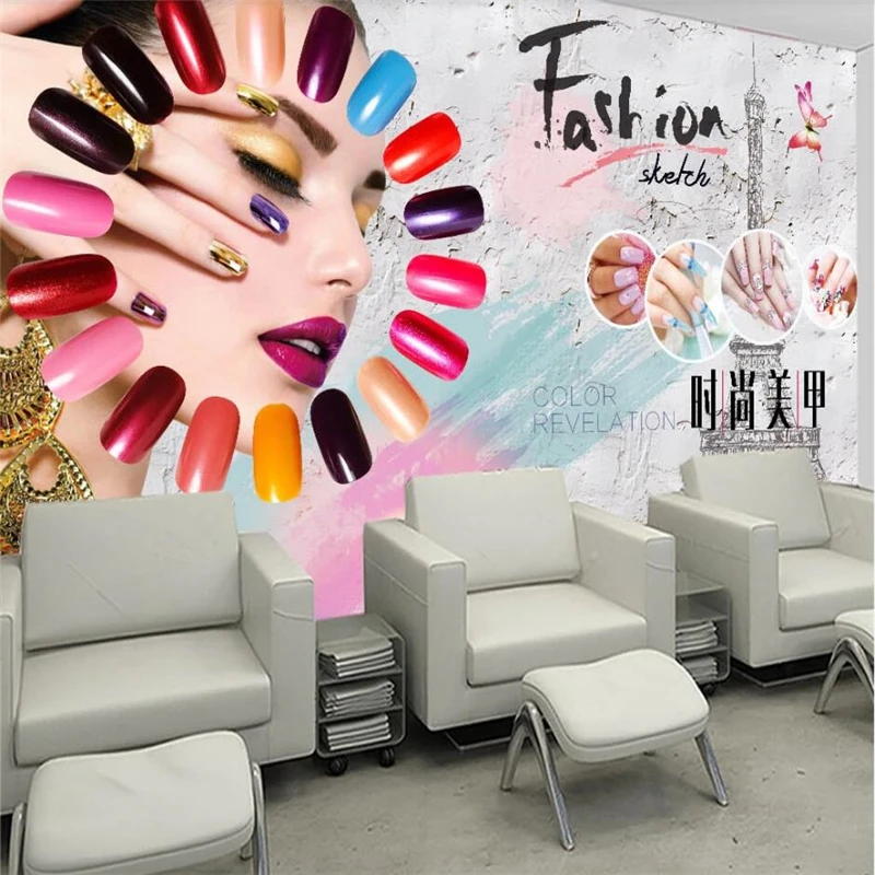 beibehang Custom wallpaper 3d creative beauty salon cosmetics nail art tooling wall nail art makeup nail polish arm 3d wallpaper