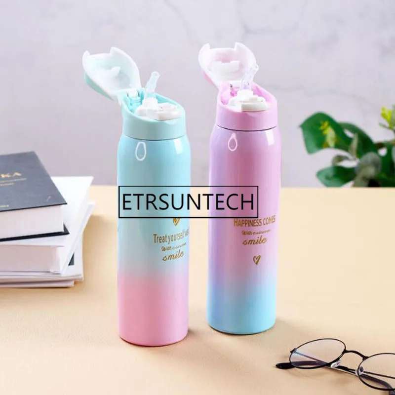 20pcs Portable 450ml Water Bottle Gradient Insulated Cup With Straw Stainless Steel Cup Mugs Coffee Straight Cups