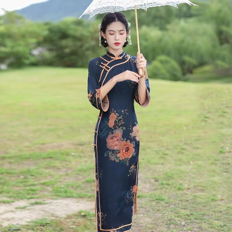 Old Shanghai Cheongsam Gaun Qipao Wanita Elegan Vintage Gaya Cina Baru Musim Gugur 2022 Gaun Lengan Panjang Hanfu Elegan