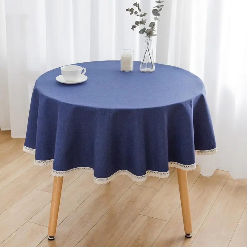 1PC Solid Color Round Tablecloth With Lace Cotton Linen Blue/Red/Gray/Pink Table Cloth Wedding Dining Tea Table Decoration Cover