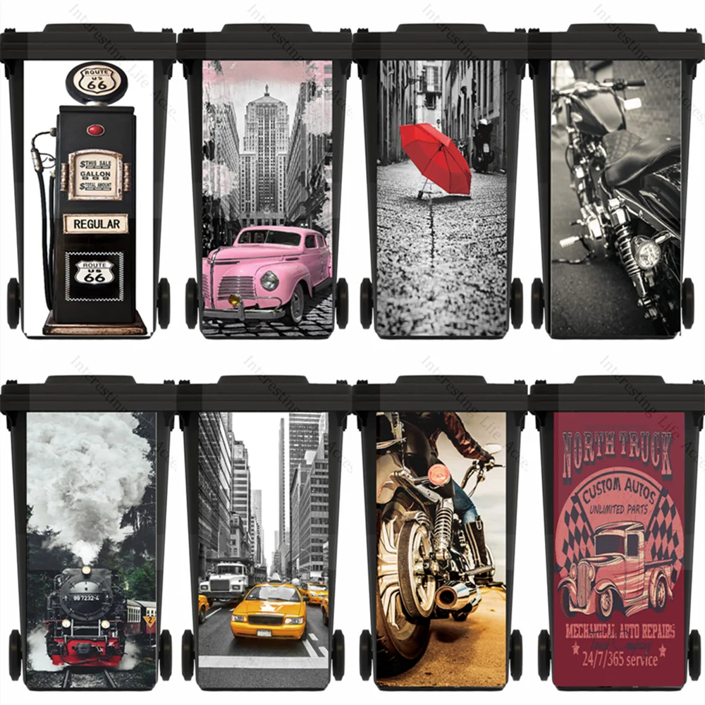 Cool Motorcycle Red Car Rubbish Bin Sticker Home Garbage Wheelie Bin Decal Street City PVC Sticker Decorative Self Adhesive Peel