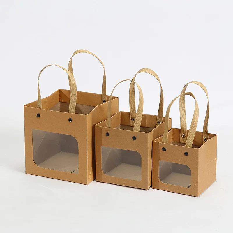 Kraft Paper Bag for Gift Packaging, Simple Open Window Gift Bag, Square Bottom, Party Decoration, Portable, 10PCs