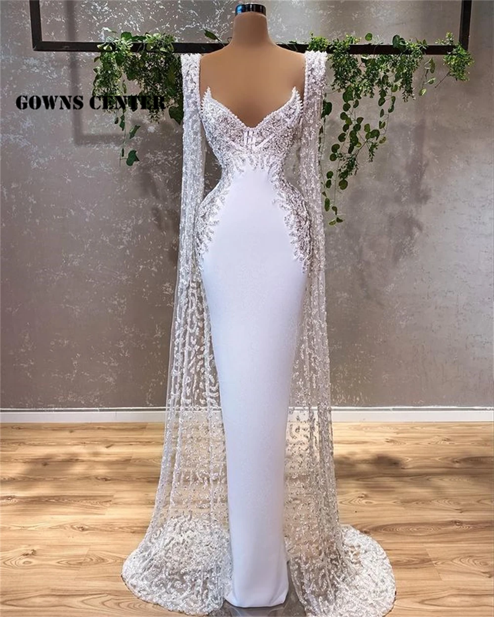 Vestido de novia de sirena blanco de lujo con capa de cuentas, elegante vestido de novia con cuello redondo para compromiso