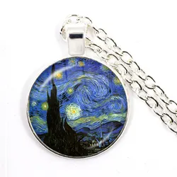 Fashion Van Gogh Art Starry Night Sunflower Necklace 25mm Glass Cabochon Dome Pendant Jewelry For Women Girls Gift