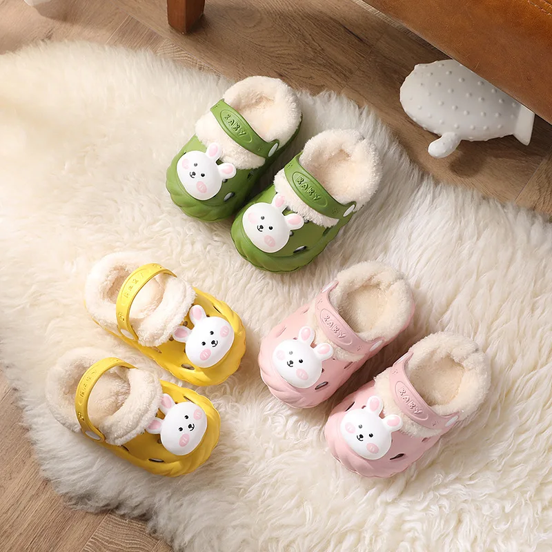 0-6y Kids Mules & Clogs Winter Boys Girls Sandals Flat Rabbit Cartoon Cute Beach Slippers Add Wool Children Garden Shoes Hc18