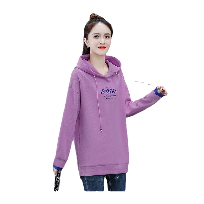 

2021 New Fashion Ladies Pullover Casual Loose Streetwear Hoodie Velvet/Fleeceless Women's Mid-length Hooded Sweater Autumn