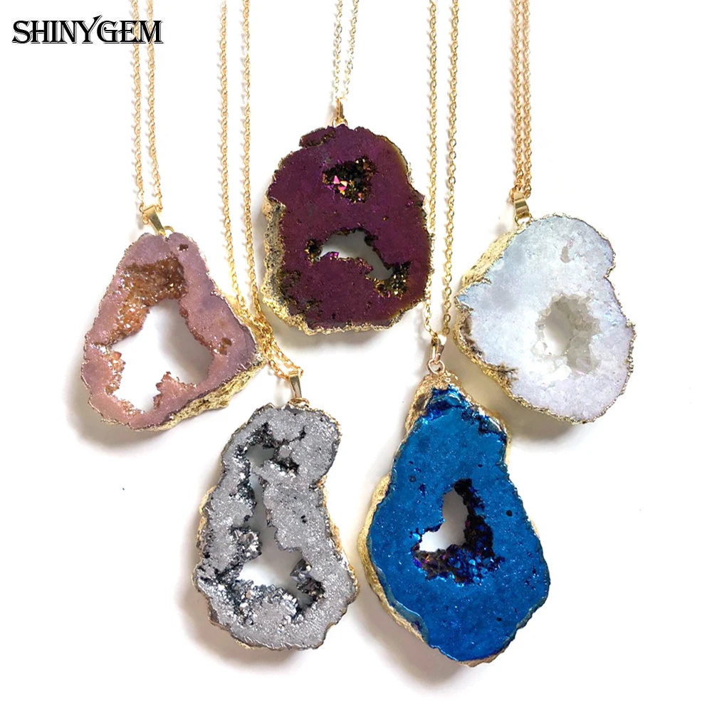 

ShinyGem Natural Sparkling Big Mineral Crystal Druzy Slice Pendant Necklaces Gold Plating Long Chain Chakra For Women Jewelry