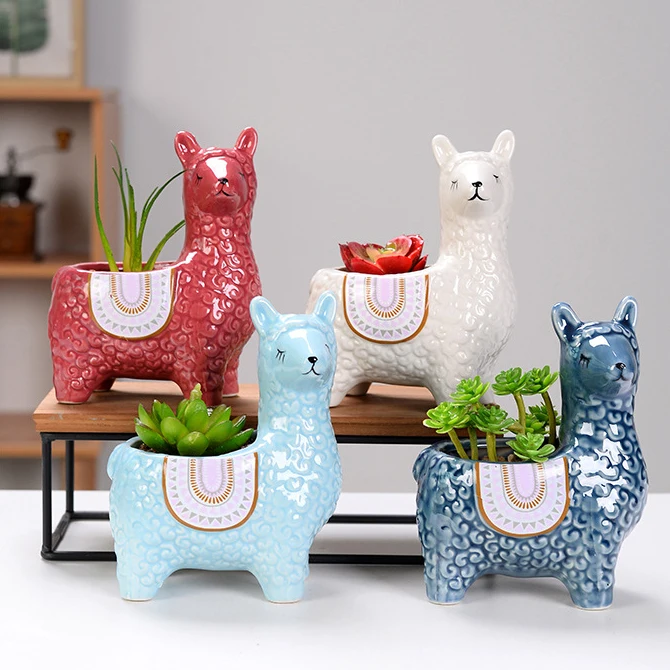 Cute Alpaca Flower Pot Planter Desktop Ornaments Indoor Ceramic Vase Home Garden Decoration Bonsai Succulent Pot Plant Pot