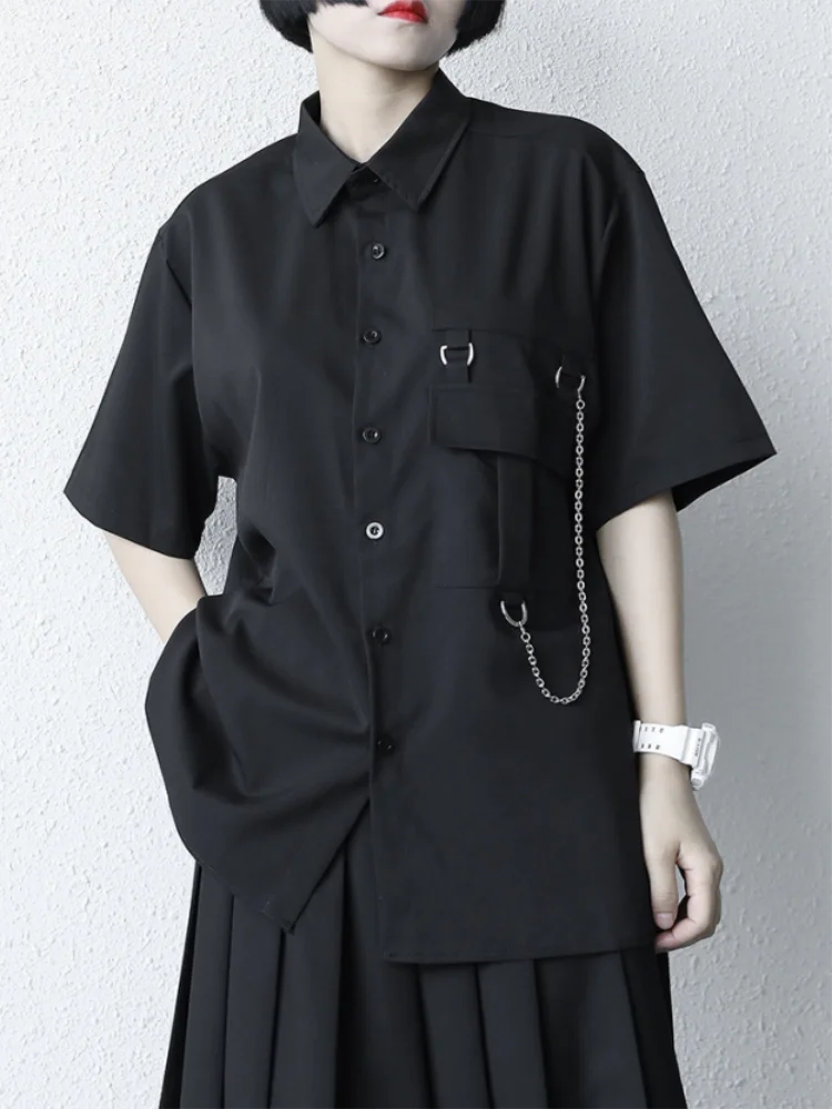 

Ladies Short Sleeve Shirt Summer New Classic Dark Yamamoto Style Fashion Street Chain Decoration Casual Loose Oversized Shirt